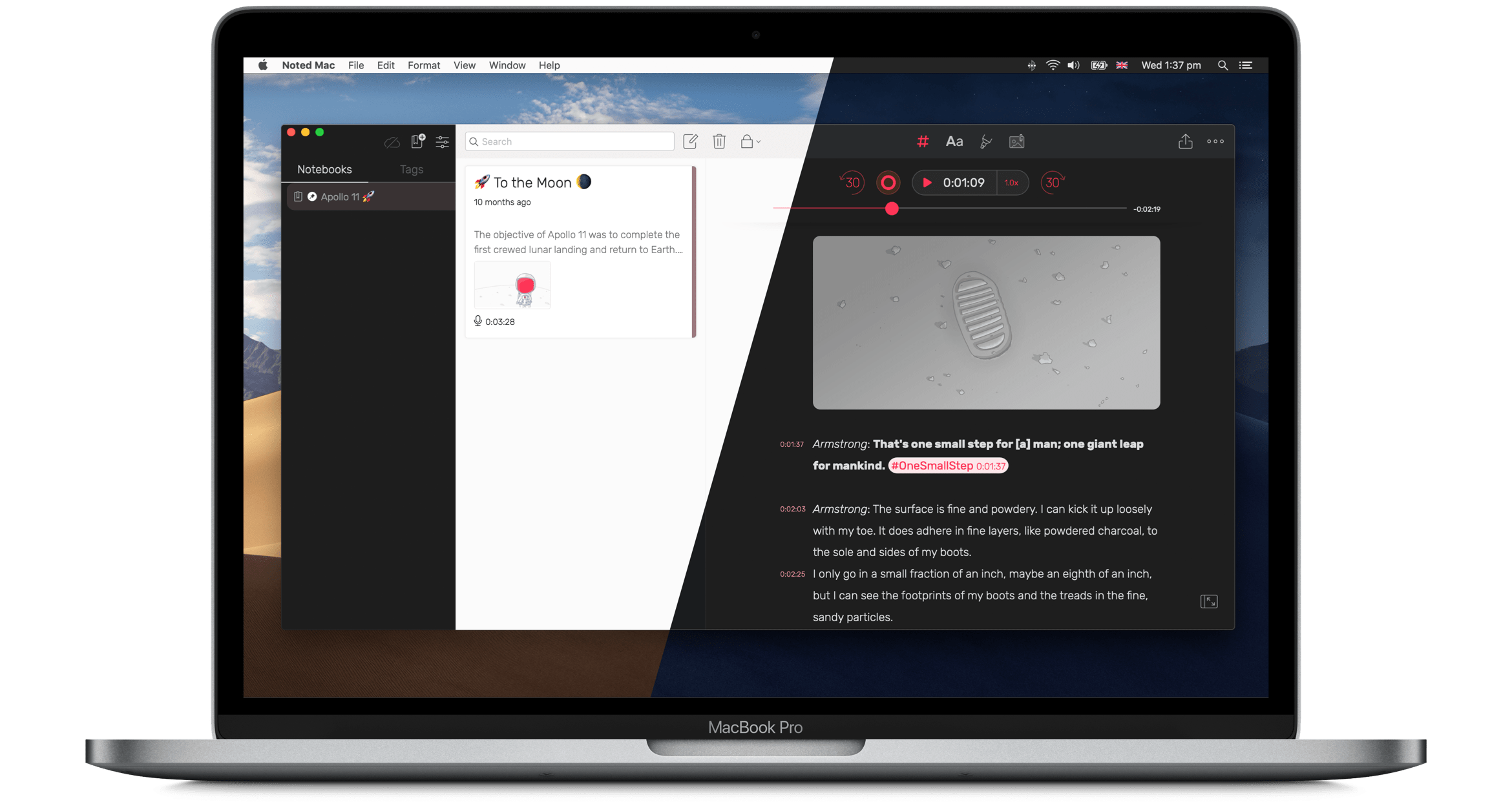 Mac — notebooks and a timestamped transcript