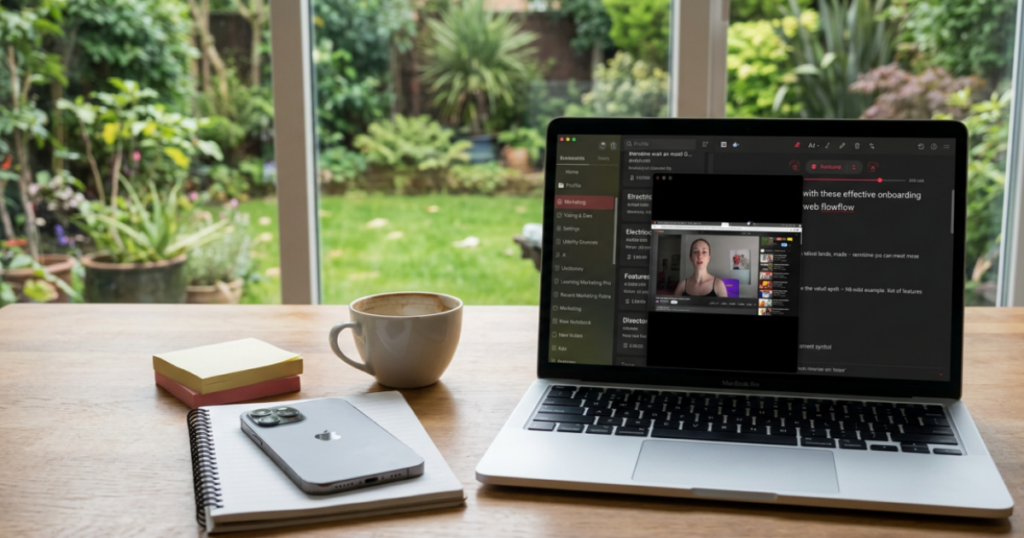 MacBook showing Noted app open on a wooden desk with iPhone, notebook, sticky notes and coffee, garden view in background